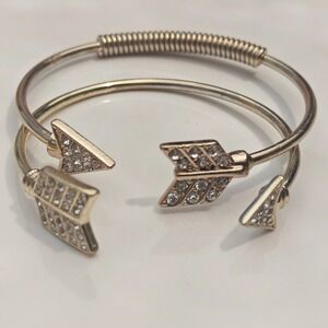 Gold Tone Rhinestone Arrow Bypass Cuff Bracelet Set 2pc Boho Stacking Jewelry